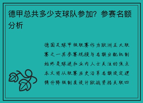 德甲总共多少支球队参加？参赛名额分析